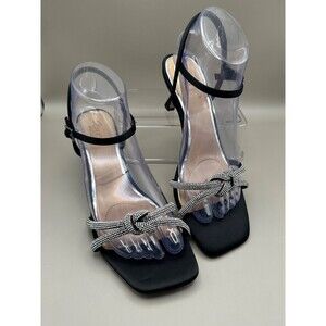 Jewel Badgley Mischka Maci Metallic Sandal with Rhinestone Knot Detail Black 7.5
